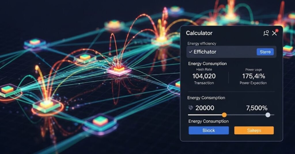 A visual representation of blockchain technology with elements of energy consumption and a calculator interface.