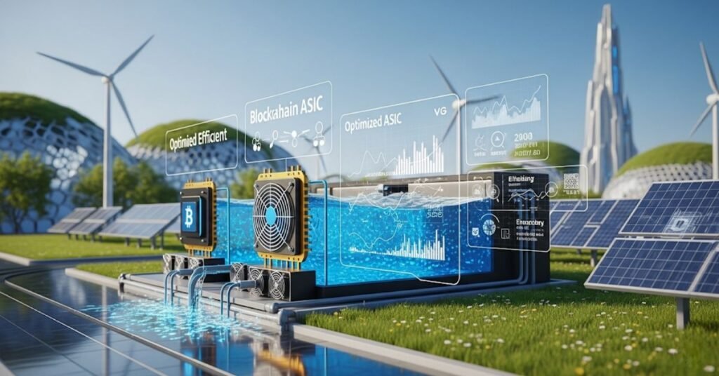 A visual representation of energy-efficient blockchain mining, showing concepts like optimized hardware, renewable energy sources, and efficient algorithms.