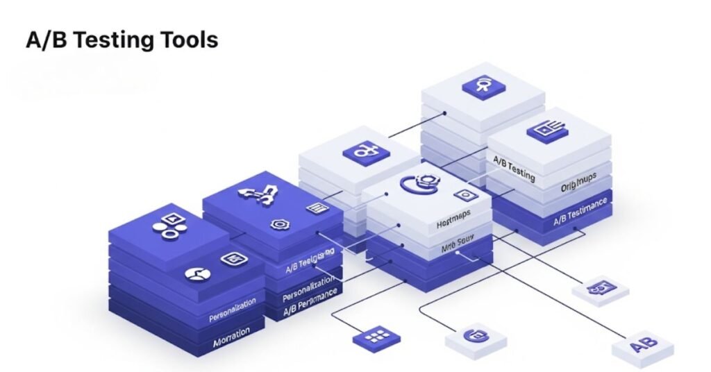 A dynamic visualization of A/B testing tools with a 3D infographic design, where each tool is represented as a distinct building block, stacked and layered to highlight their features.