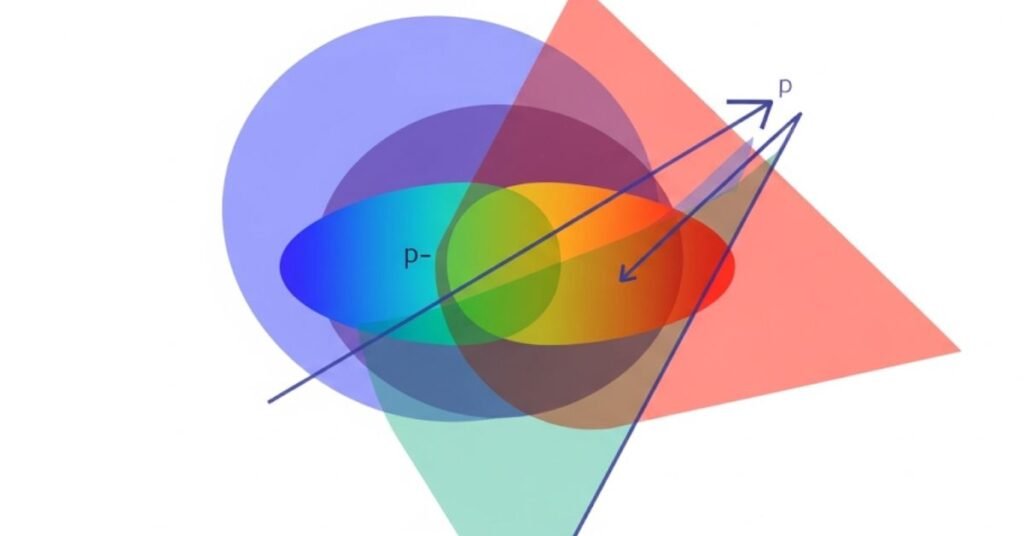 An abstract visual representation of statistical tests for comparing two groups in an A/B test, showing concepts like hypothesis testing, p-values, and confidence intervals, without any text.