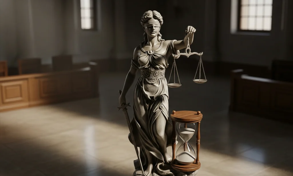 A stone statue representing the Statute of Limitations, featuring a blindfolded figure of justice with scales and a sand timer.