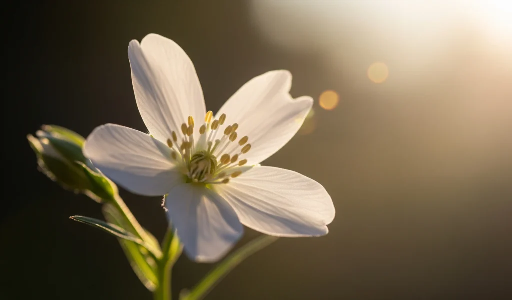 A delicate white flower in sharp focus, with a soft, blurred background, demonstrating shallow depth of field in photography.